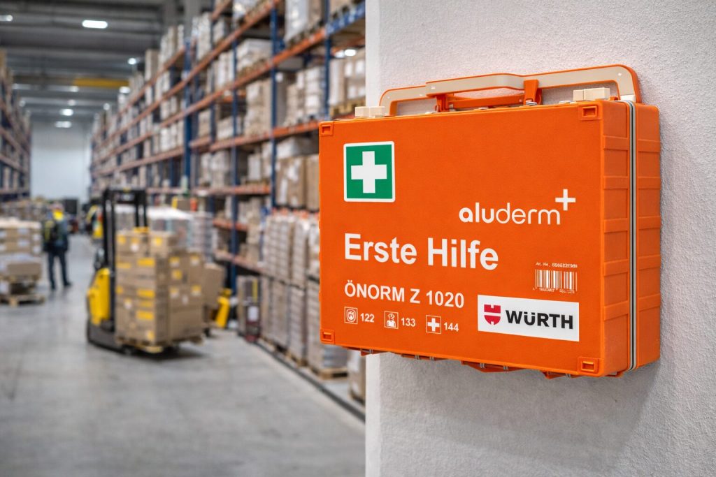 Erste-Hilfe-Koffer nach ÖNORM Z 1020:2025 (Hintergrund mit KI generiert)